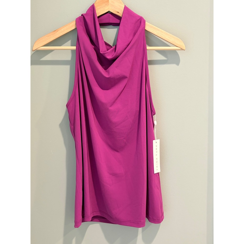 Trina Turk Extraordinary Top Purple Cowl Neck Draped Back Halter Blouse S NEW